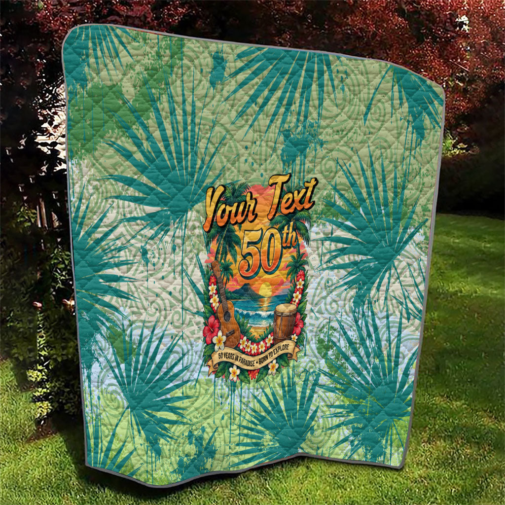 Personalized Polynesia 50th Birthday Quilt Vintage Hawaiian Floral Ukulele Tropical Sunset Art