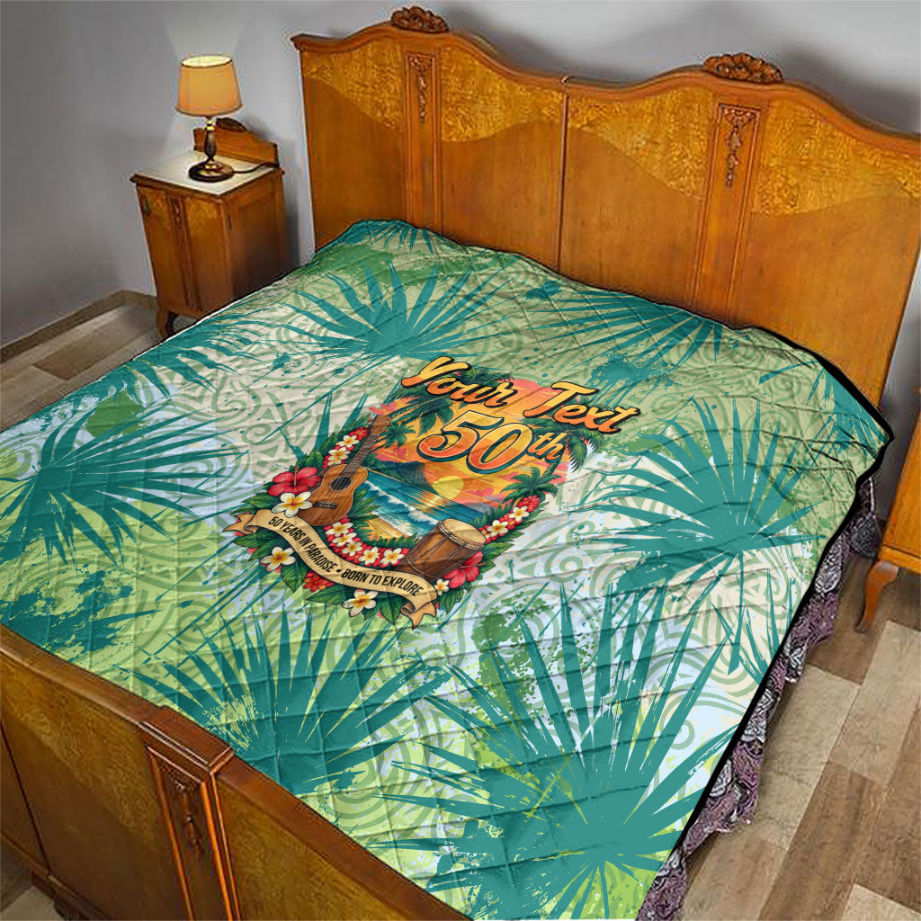 Personalized Polynesia 50th Birthday Quilt Vintage Hawaiian Floral Ukulele Tropical Sunset Art