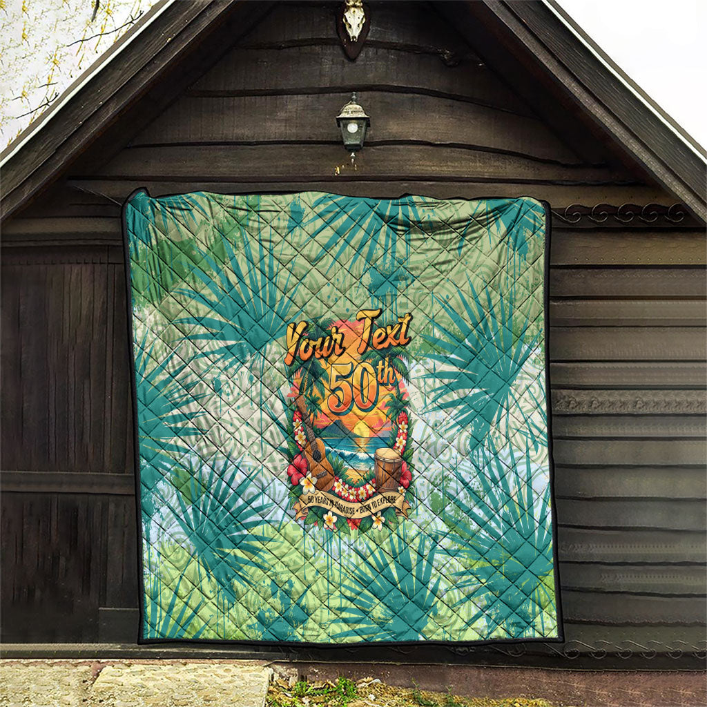 Personalized Polynesia 50th Birthday Quilt Vintage Hawaiian Floral Ukulele Tropical Sunset Art