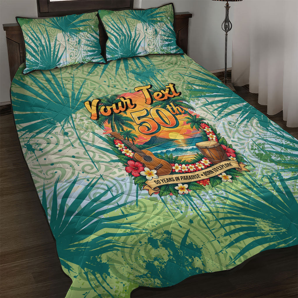 Personalized Polynesia 50th Birthday Quilt Bed Set Vintage Hawaiian Floral Ukulele Tropical Sunset Art