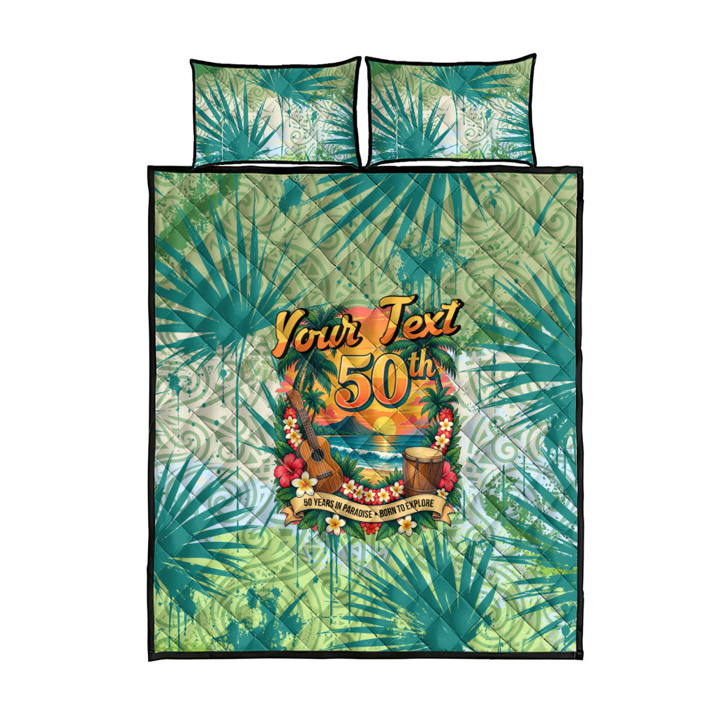 Personalized Polynesia 50th Birthday Quilt Bed Set Vintage Hawaiian Floral Ukulele Tropical Sunset Art