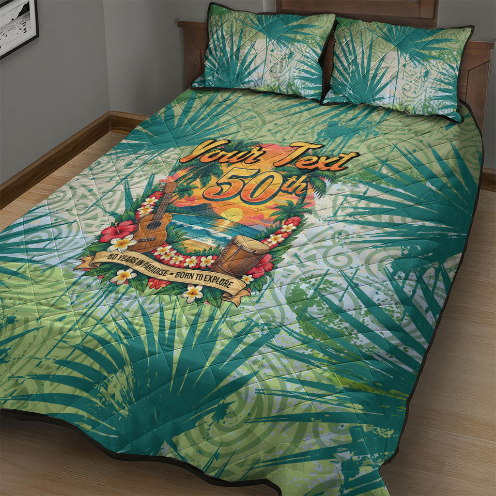 Personalized Polynesia 50th Birthday Quilt Bed Set Vintage Hawaiian Floral Ukulele Tropical Sunset Art