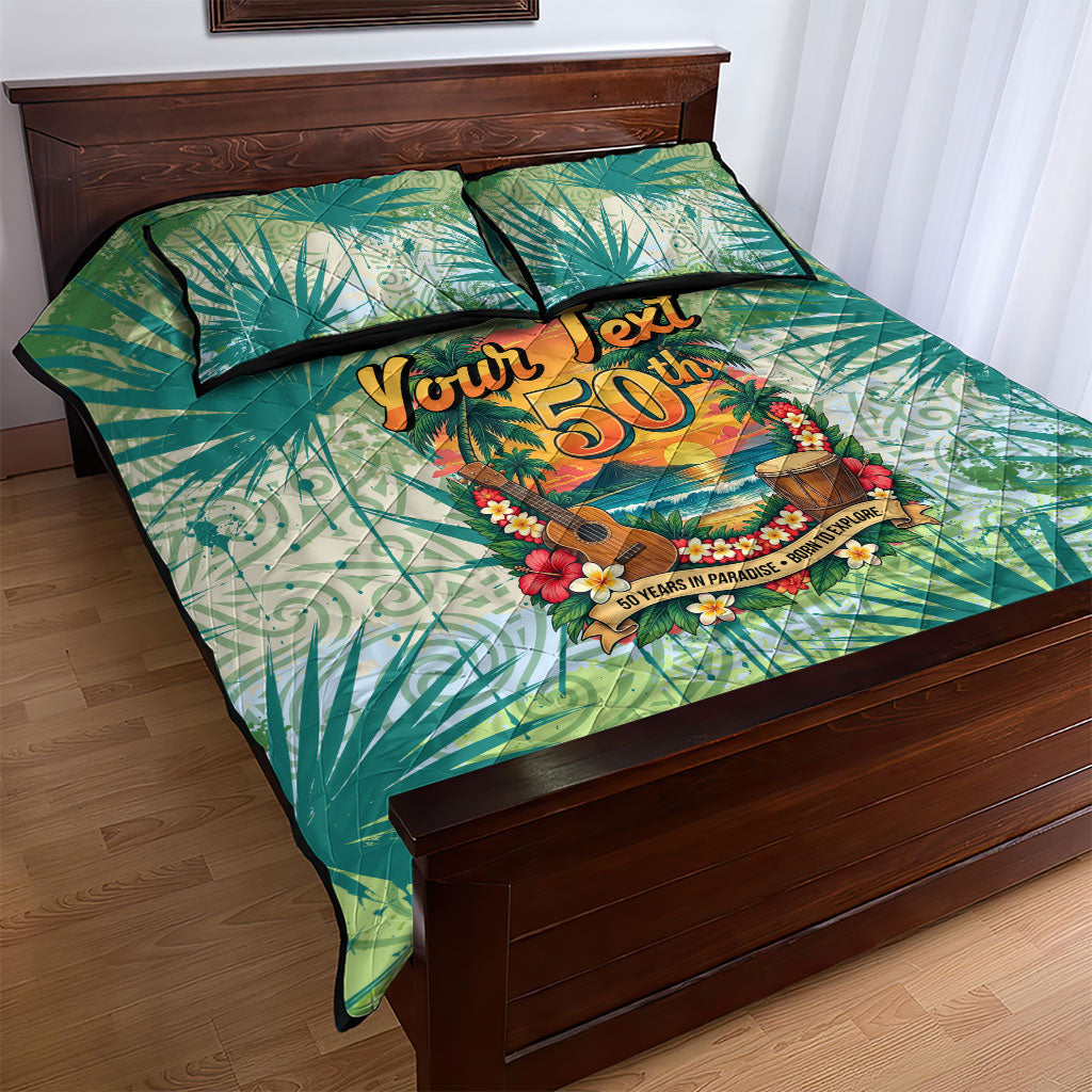 Personalized Polynesia 50th Birthday Quilt Bed Set Vintage Hawaiian Floral Ukulele Tropical Sunset Art
