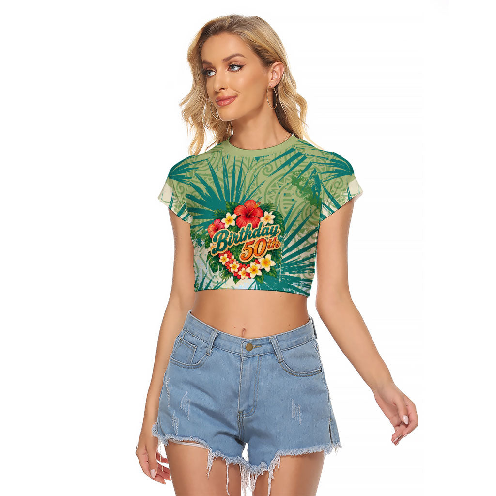 Personalized Polynesia 50th Birthday Raglan Cropped T Shirt Vintage Hawaiian Floral Ukulele Tropical Sunset Art