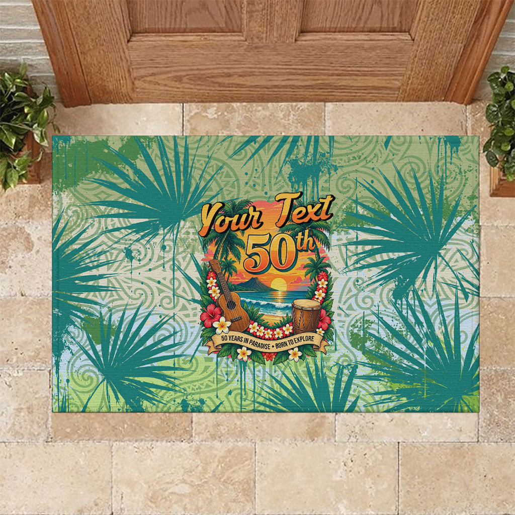 Personalized Polynesia 50th Birthday Rubber Doormat Vintage Hawaiian Floral Ukulele Tropical Sunset Art