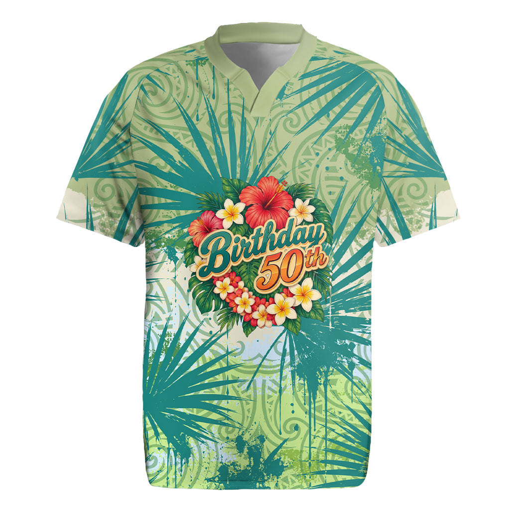 Personalized Polynesia 50th Birthday Rugby Jersey Vintage Hawaiian Floral Ukulele Tropical Sunset Art TS04 Green - Polynesian Pride