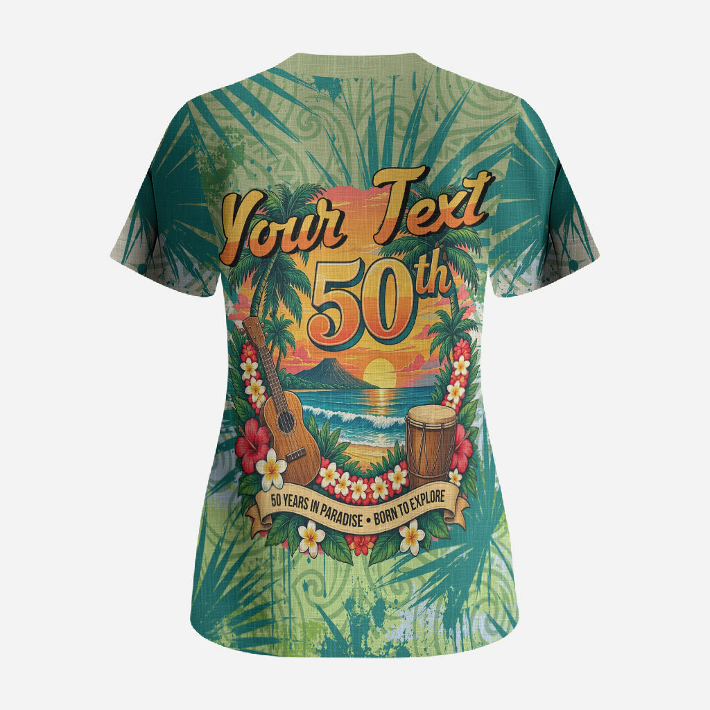 Personalized Polynesia 50th Birthday Scrub Top Vintage Hawaiian Floral Ukulele Tropical Sunset Art