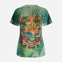 Personalized Polynesia 50th Birthday Scrub Top Vintage Hawaiian Floral Ukulele Tropical Sunset Art