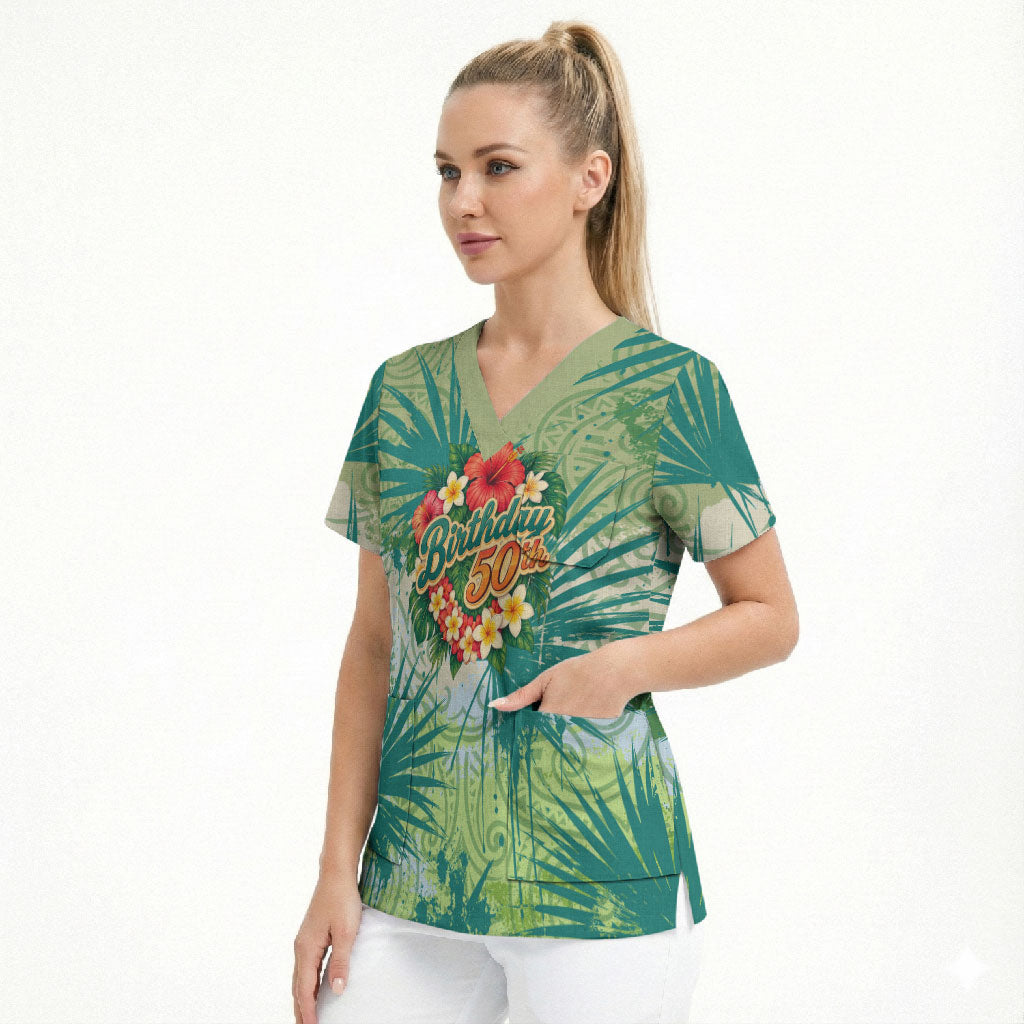 Personalized Polynesia 50th Birthday Scrub Top Vintage Hawaiian Floral Ukulele Tropical Sunset Art