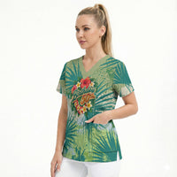Personalized Polynesia 50th Birthday Scrub Top Vintage Hawaiian Floral Ukulele Tropical Sunset Art
