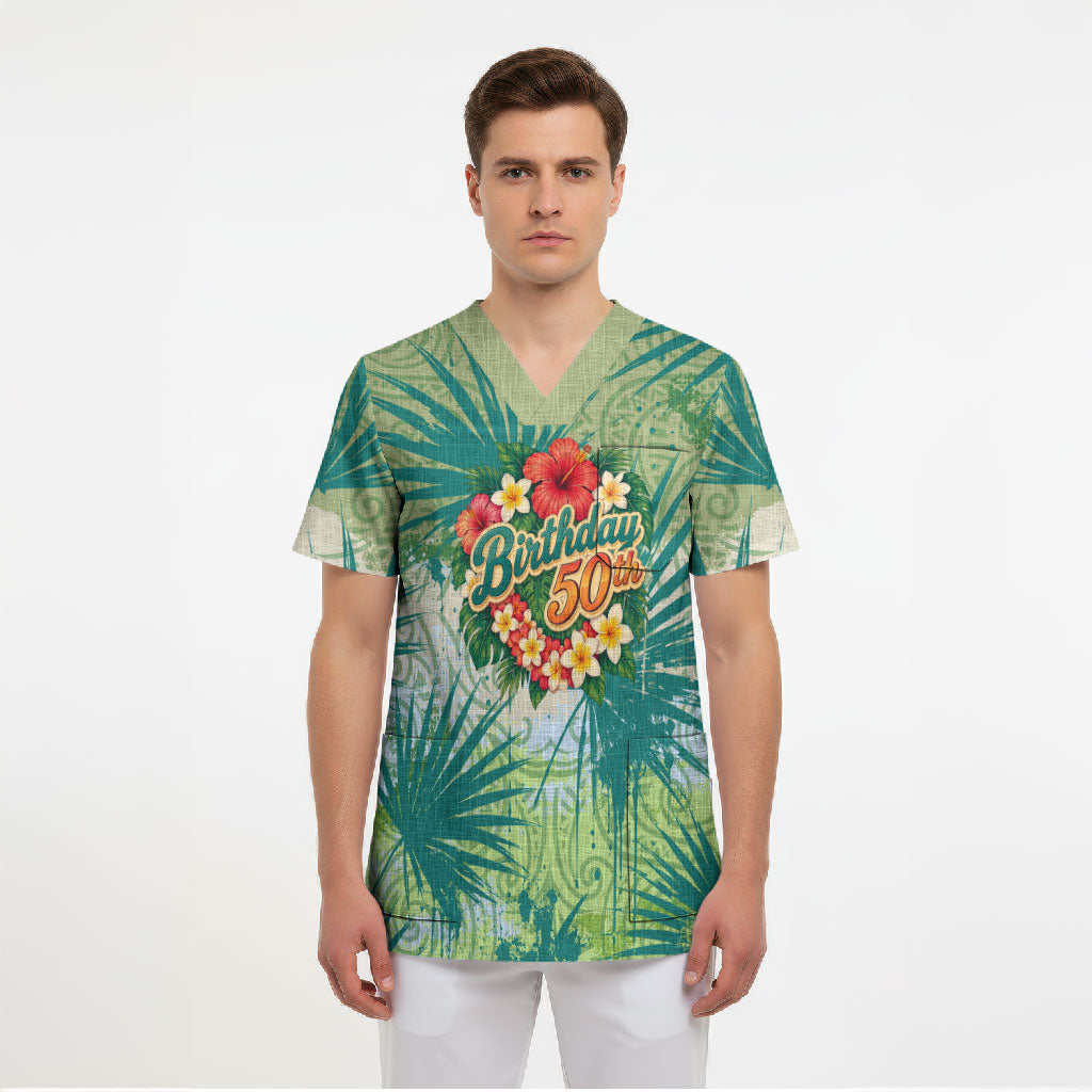 Personalized Polynesia 50th Birthday Scrub Top Vintage Hawaiian Floral Ukulele Tropical Sunset Art