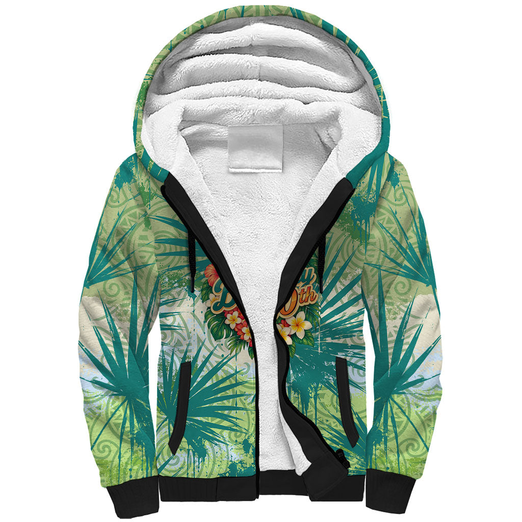 Personalized Polynesia 50th Birthday Sherpa Hoodie Vintage Hawaiian Floral Ukulele Tropical Sunset Art TS04 Unisex Green - Polynesian Pride
