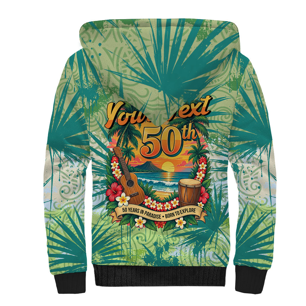 Personalized Polynesia 50th Birthday Sherpa Hoodie Vintage Hawaiian Floral Ukulele Tropical Sunset Art TS04 - Polynesian Pride