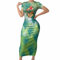 Personalized Polynesia 50th Birthday Short Sleeve Bodycon Dress Vintage Hawaiian Floral Ukulele Tropical Sunset Art TS04 Long Dress Green - Polynesian Pride