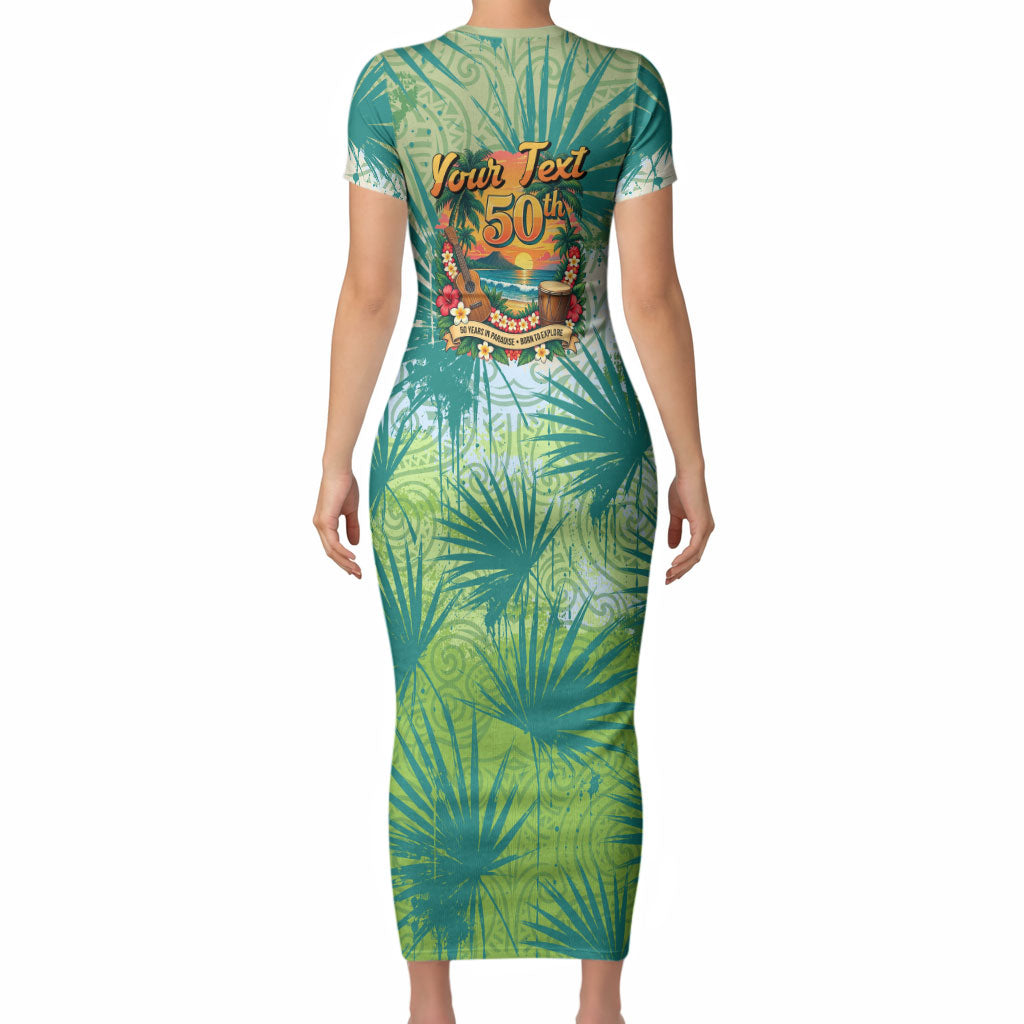 Personalized Polynesia 50th Birthday Short Sleeve Bodycon Dress Vintage Hawaiian Floral Ukulele Tropical Sunset Art TS04 - Polynesian Pride