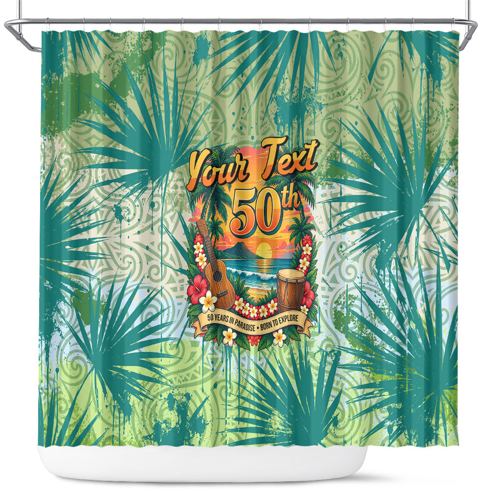 Personalized Polynesia 50th Birthday Shower Curtain Vintage Hawaiian Floral Ukulele Tropical Sunset Art