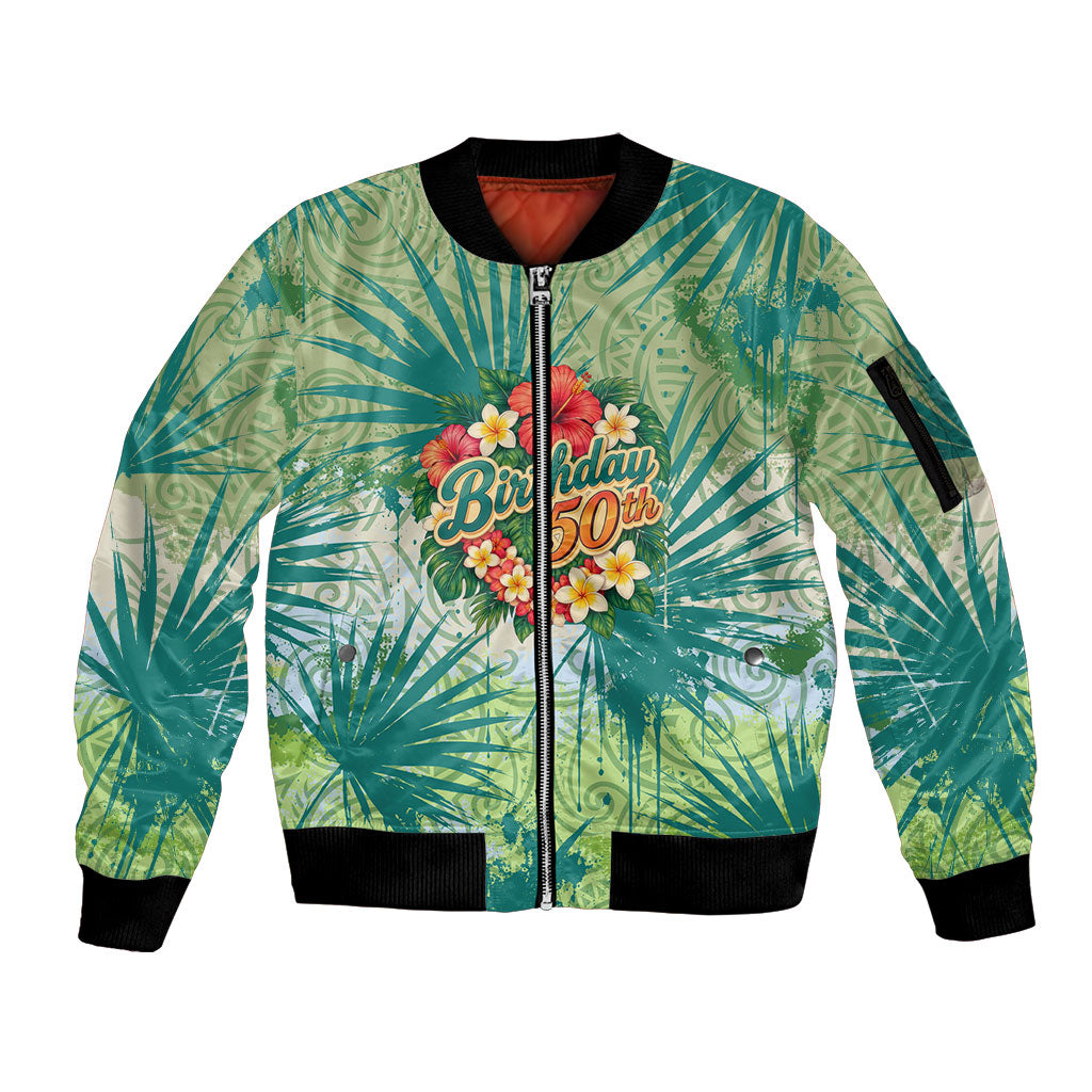 Personalized Polynesia 50th Birthday Sleeve Zip Bomber Jacket Vintage Hawaiian Floral Ukulele Tropical Sunset Art