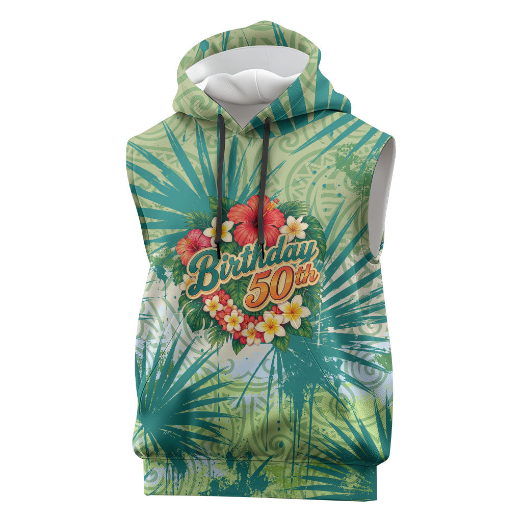 Personalized Polynesia 50th Birthday Sleeveless Hoodie Vintage Hawaiian Floral Ukulele Tropical Sunset Art