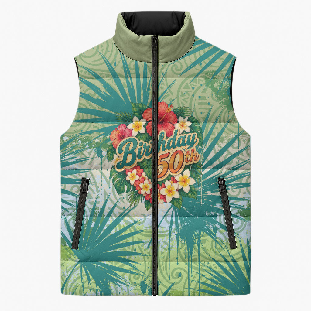 Personalized Polynesia 50th Birthday Sleeveless Puffer Jacket Vintage Hawaiian Floral Ukulele Tropical Sunset Art