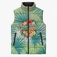 Personalized Polynesia 50th Birthday Sleeveless Puffer Jacket Vintage Hawaiian Floral Ukulele Tropical Sunset Art TS04 Unisex Green - Polynesian Pride