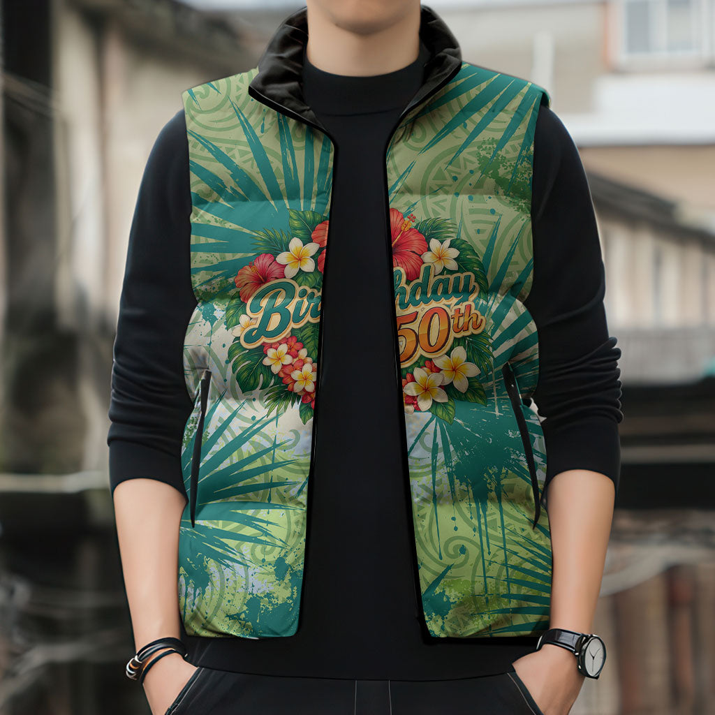 Personalized Polynesia 50th Birthday Sleeveless Puffer Jacket Vintage Hawaiian Floral Ukulele Tropical Sunset Art TS04 - Polynesian Pride