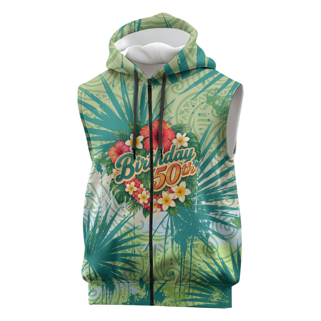 Personalized Polynesia 50th Birthday Sleeveless Zip Hoodie Vintage Hawaiian Floral Ukulele Tropical Sunset Art