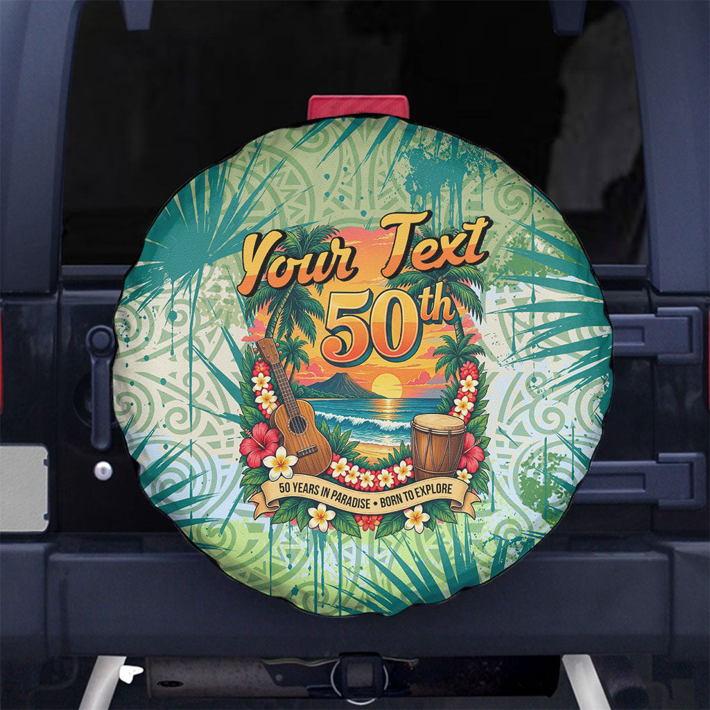 Personalized Polynesia 50th Birthday Spare Tire Cover Vintage Hawaiian Floral Ukulele Tropical Sunset Art TS04 No hole Green - Polynesian Pride