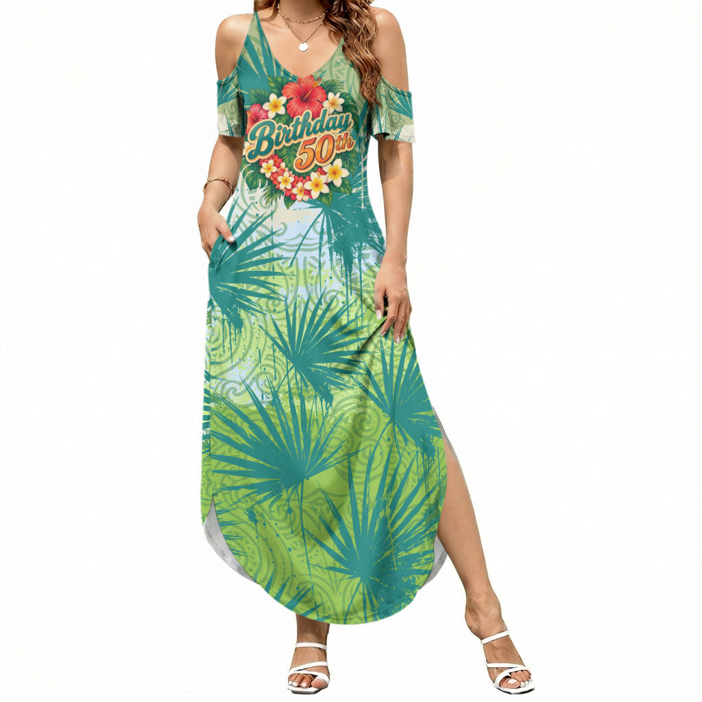 Personalized Polynesia 50th Birthday Summer Maxi Dress Vintage Hawaiian Floral Ukulele Tropical Sunset Art