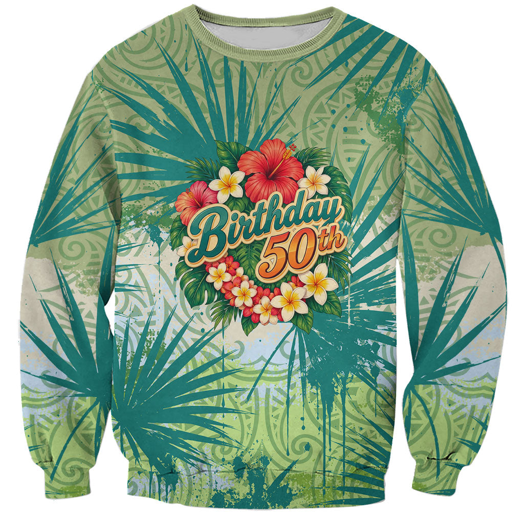 Personalized Polynesia 50th Birthday Sweatshirt Vintage Hawaiian Floral Ukulele Tropical Sunset Art