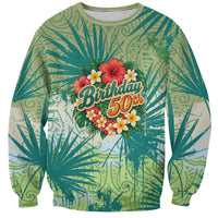 Personalized Polynesia 50th Birthday Sweatshirt Vintage Hawaiian Floral Ukulele Tropical Sunset Art