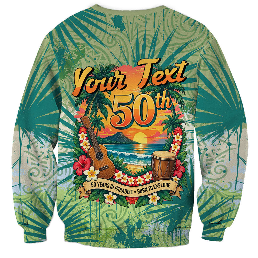 Personalized Polynesia 50th Birthday Sweatshirt Vintage Hawaiian Floral Ukulele Tropical Sunset Art