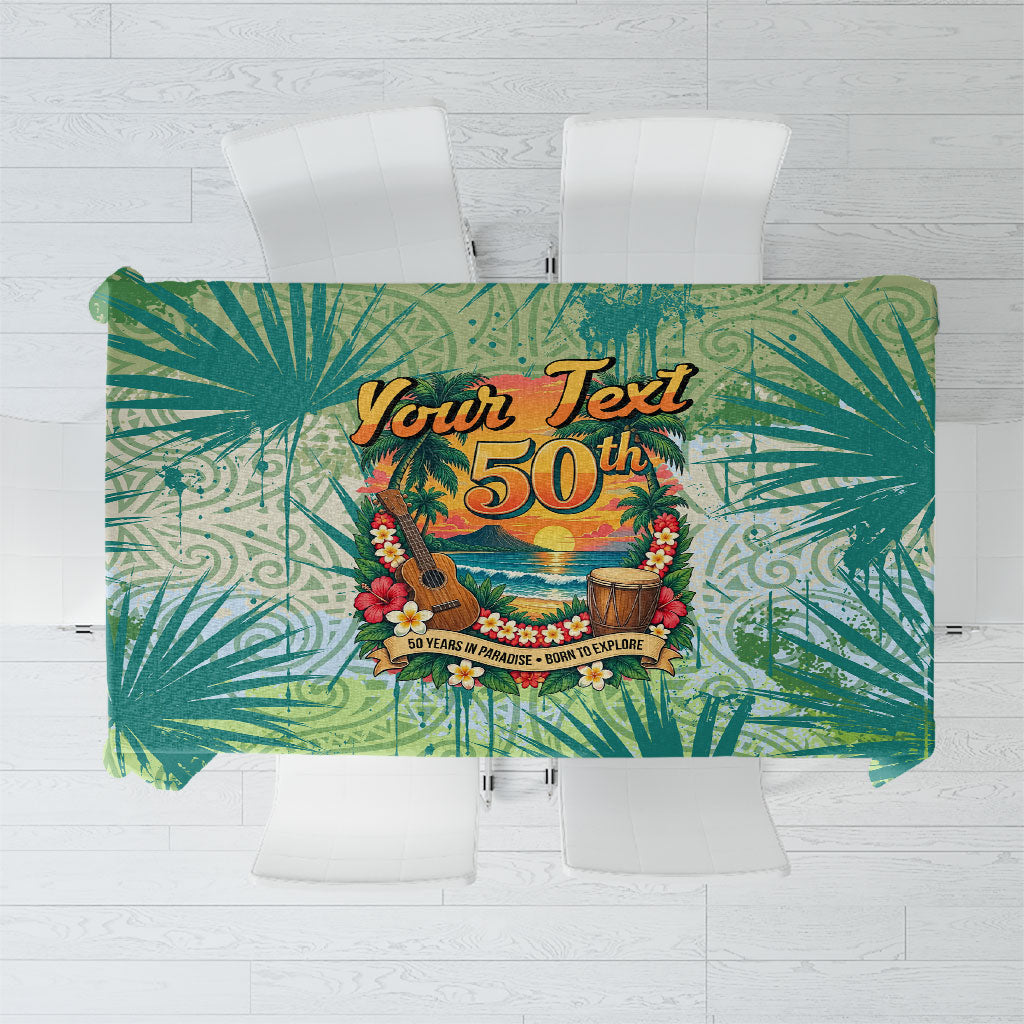 Personalized Polynesia 50th Birthday Tablecloth Vintage Hawaiian Floral Ukulele Tropical Sunset Art