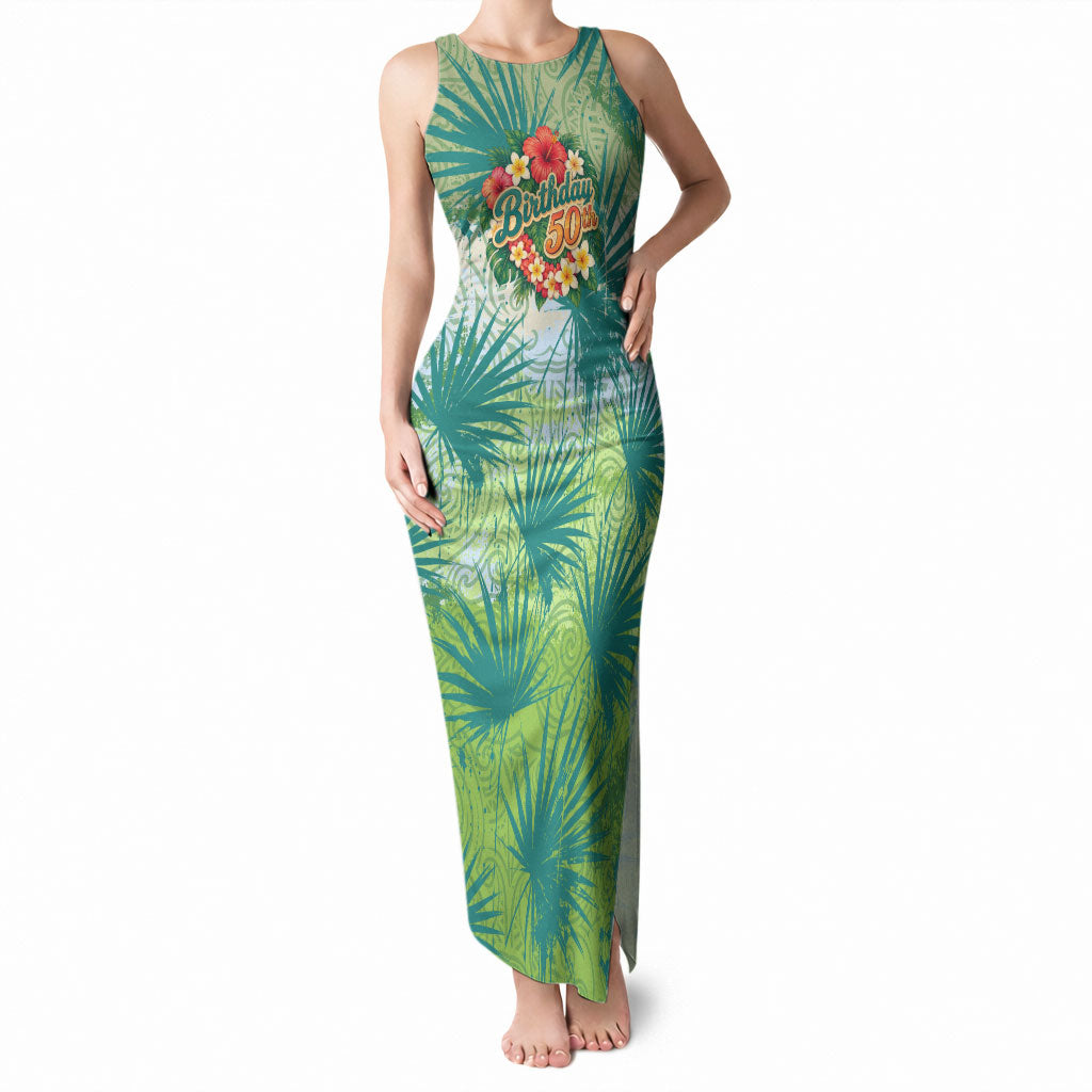 Personalized Polynesia 50th Birthday Tank Maxi Dress Vintage Hawaiian Floral Ukulele Tropical Sunset Art