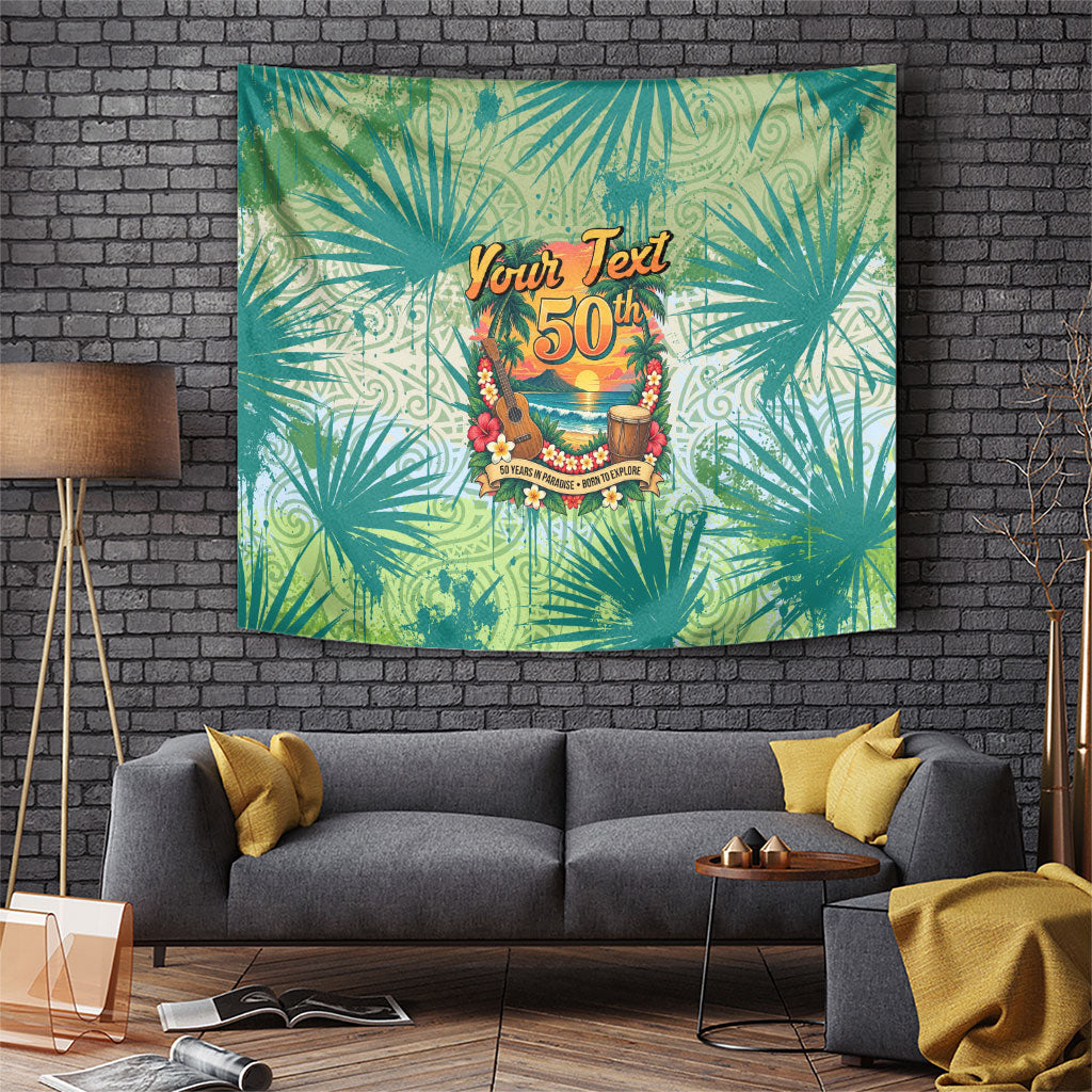 Personalized Polynesia 50th Birthday Tapestry Vintage Hawaiian Floral Ukulele Tropical Sunset Art