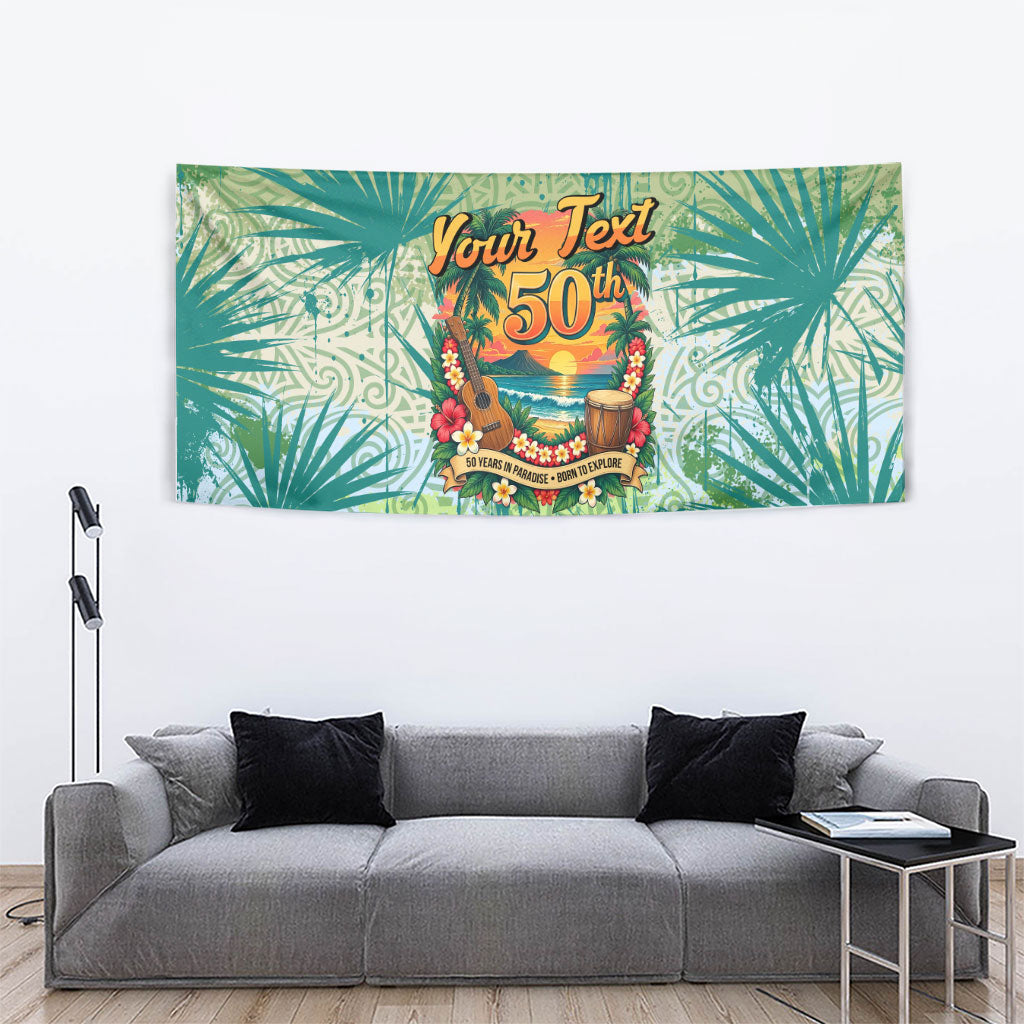 Personalized Polynesia 50th Birthday Tapestry Vintage Hawaiian Floral Ukulele Tropical Sunset Art