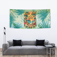 Personalized Polynesia 50th Birthday Tapestry Vintage Hawaiian Floral Ukulele Tropical Sunset Art