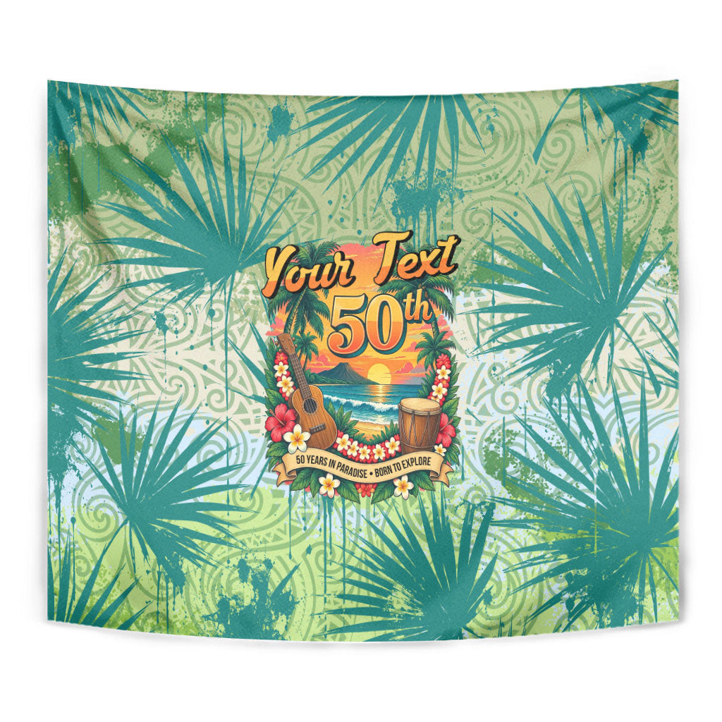 Personalized Polynesia 50th Birthday Tapestry Vintage Hawaiian Floral Ukulele Tropical Sunset Art