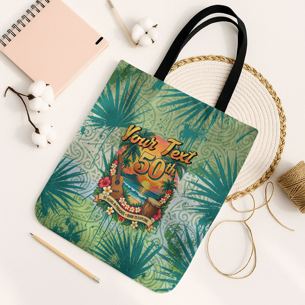 Personalized Polynesia 50th Birthday Tote Bag Vintage Hawaiian Floral Ukulele Tropical Sunset Art