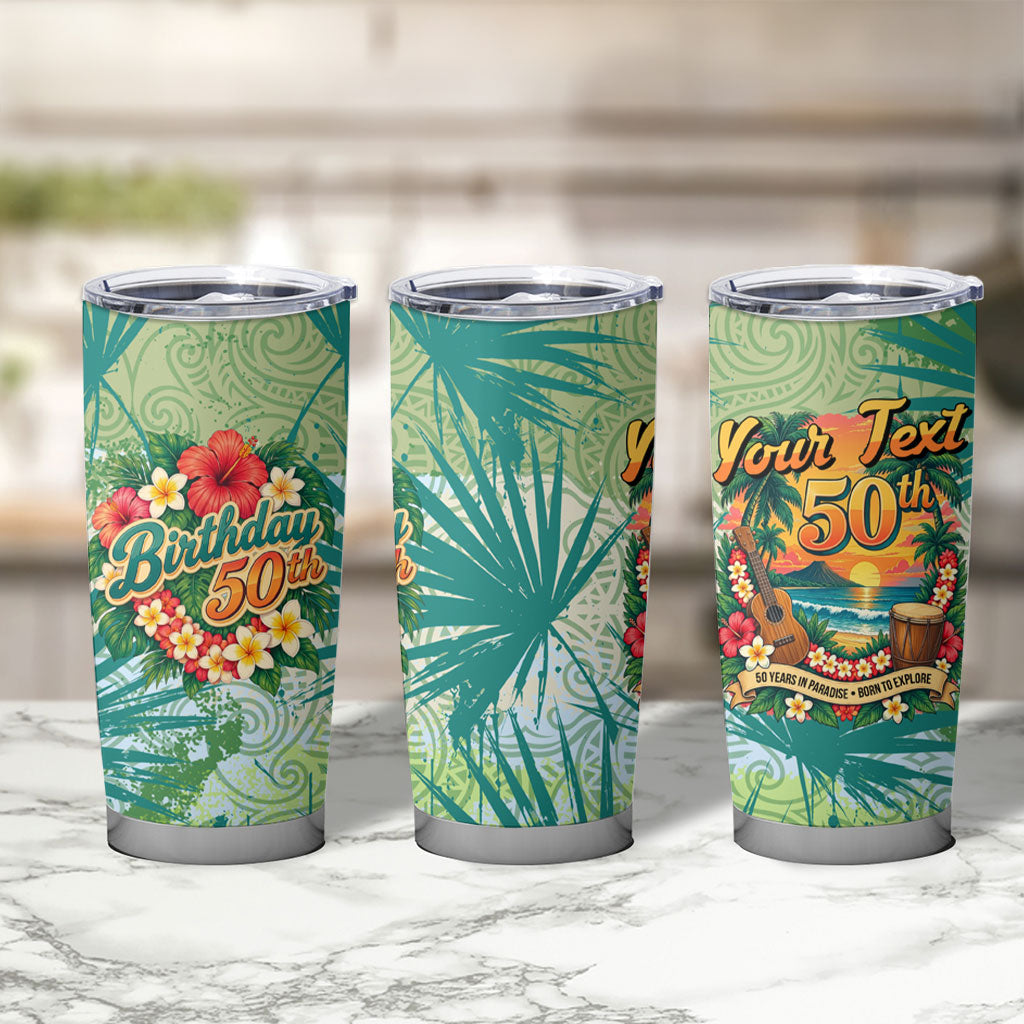 Personalized Polynesia 50th Birthday Tumbler Cup Vintage Hawaiian Floral Ukulele Tropical Sunset Art TS04 - Polynesian Pride
