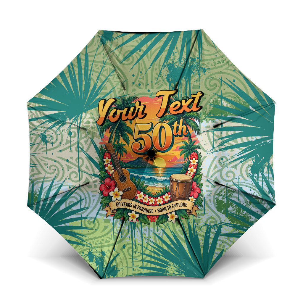 Personalized Polynesia 50th Birthday Umbrella Vintage Hawaiian Floral Ukulele Tropical Sunset Art
