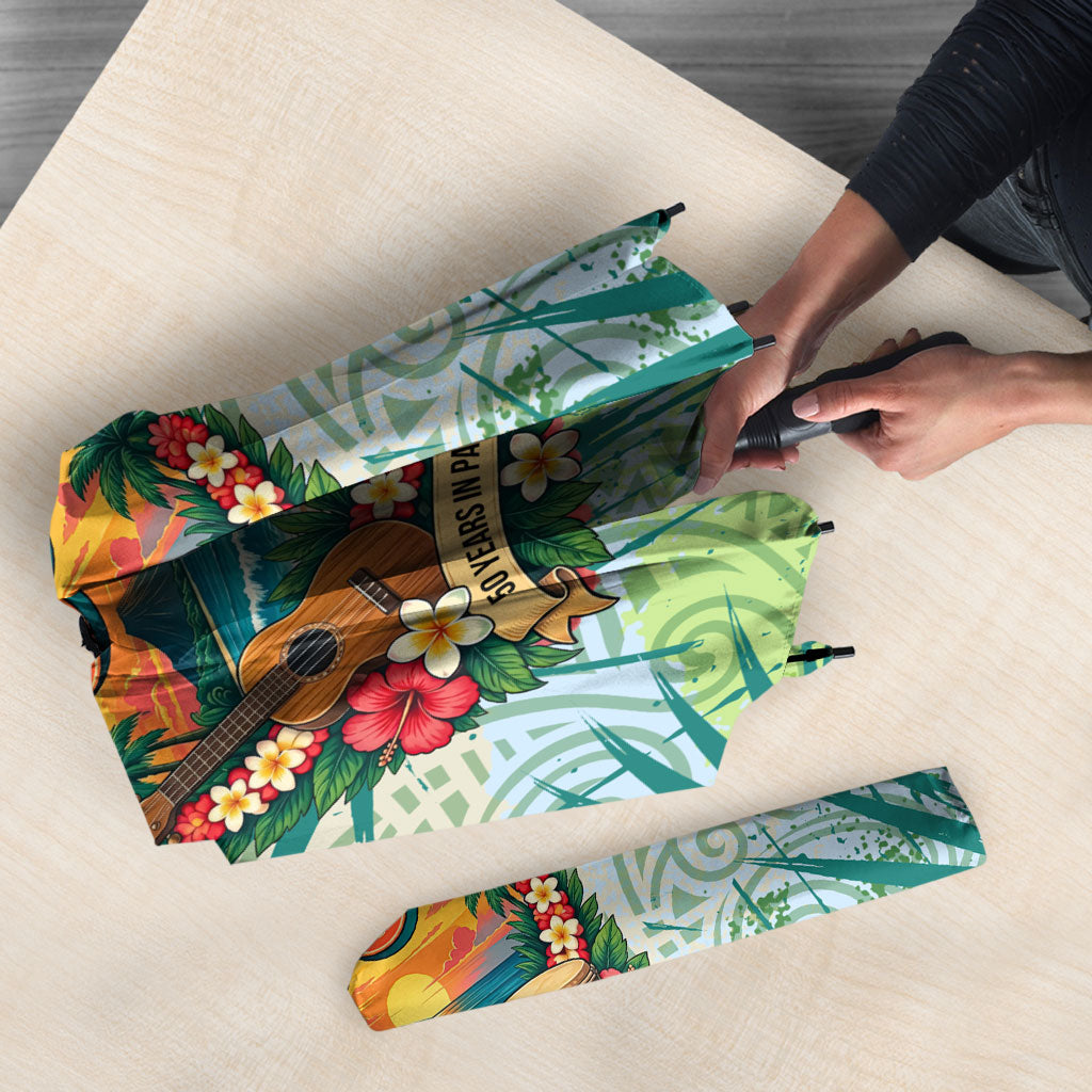 Personalized Polynesia 50th Birthday Umbrella Vintage Hawaiian Floral Ukulele Tropical Sunset Art