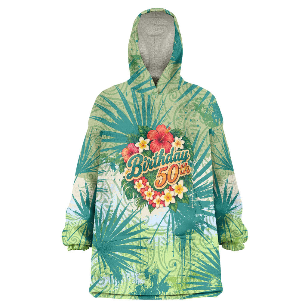 Personalized Polynesia 50th Birthday Wearable Blanket Hoodie Vintage Hawaiian Floral Ukulele Tropical Sunset Art