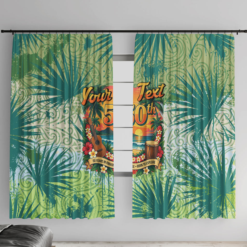 Personalized Polynesia 50th Birthday Window Curtain Vintage Hawaiian Floral Ukulele Tropical Sunset Art