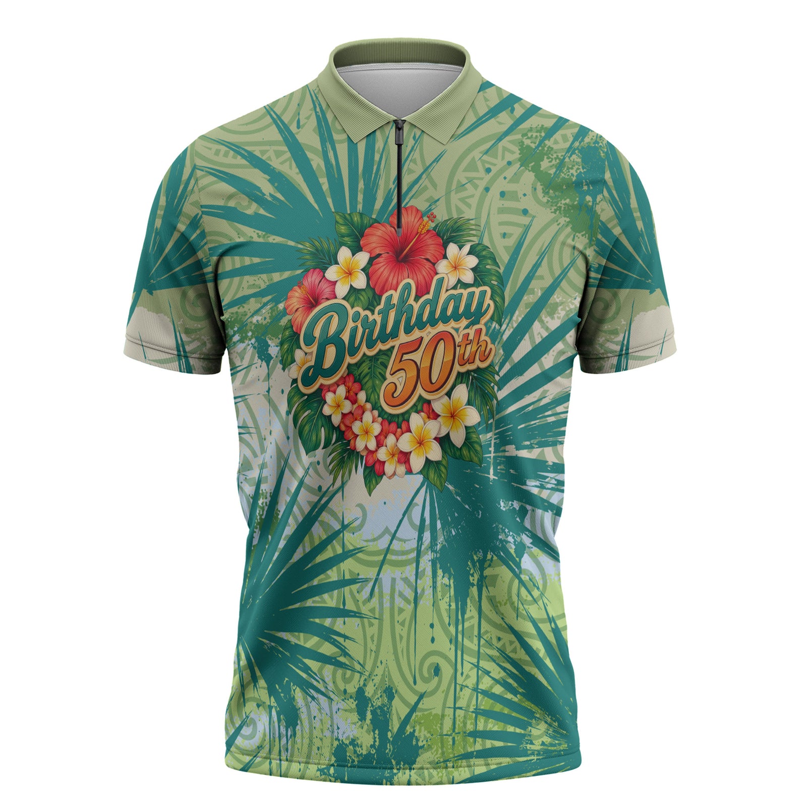 Personalized Polynesia 50th Birthday Zipper Polo Shirt Vintage Hawaiian Floral Ukulele Tropical Sunset Art