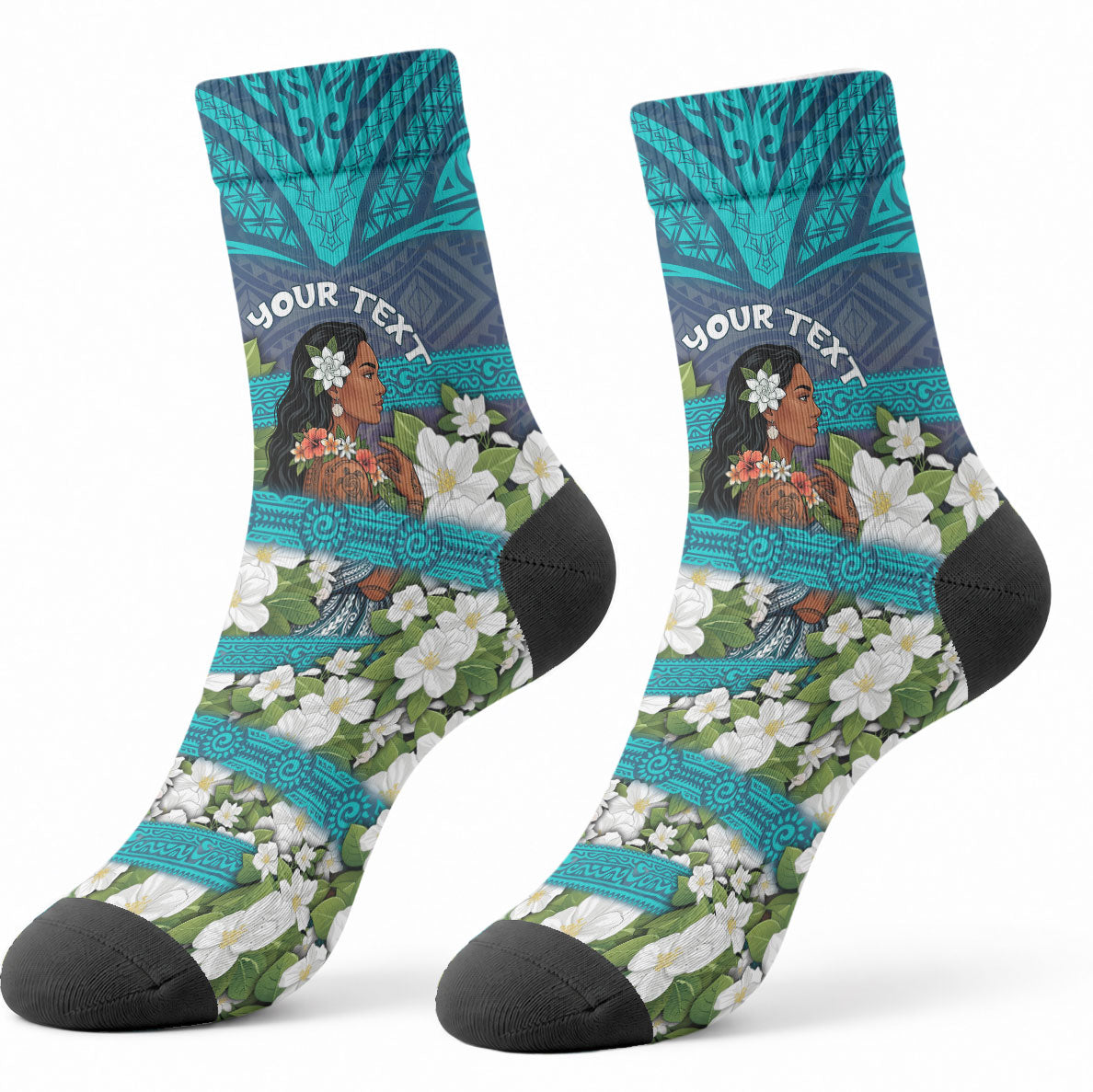 Personalized Polynesian Woman 50th Birthday Crew Socks Traditional Pacific Tribal Tattoo Floral Art TS04 - Polynesian Pride