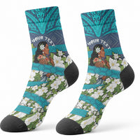 Personalized Polynesian Woman 50th Birthday Crew Socks Traditional Pacific Tribal Tattoo Floral Art TS04 - Polynesian Pride