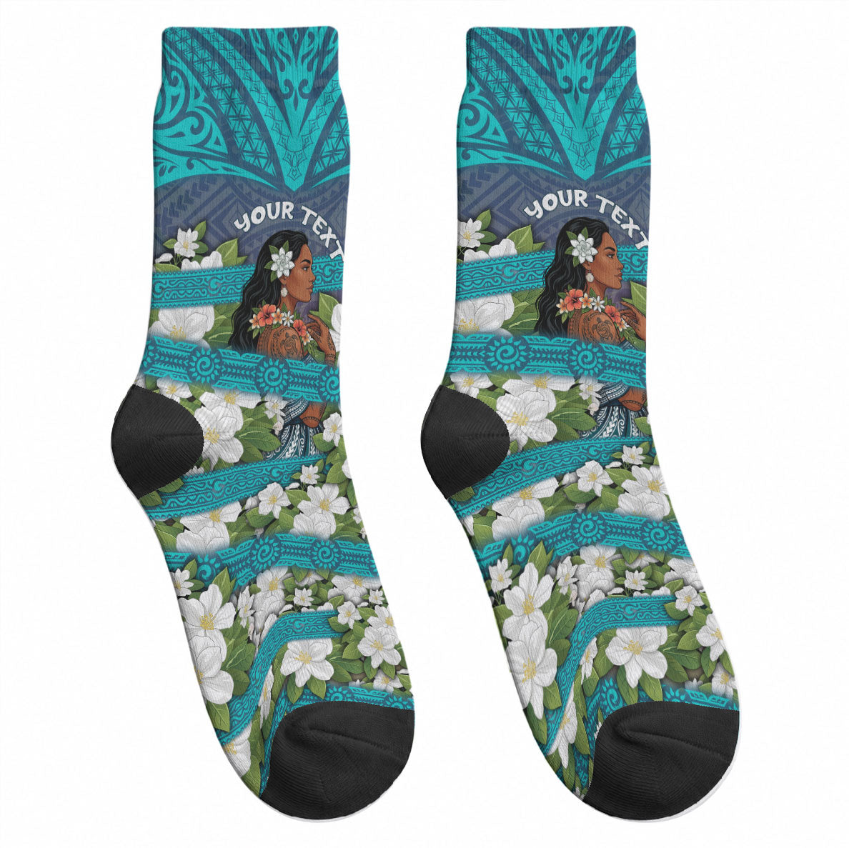 Personalized Polynesian Woman 50th Birthday Crew Socks Traditional Pacific Tribal Tattoo Floral Art TS04 - Polynesian Pride