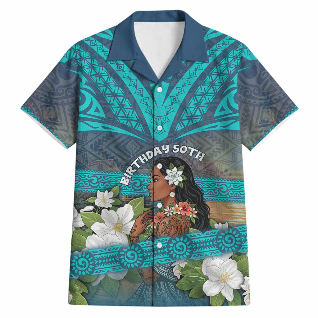 Personalized Polynesian Woman 50th Birthday Hawaiian Shirt Traditional Pacific Tribal Tattoo Floral Art