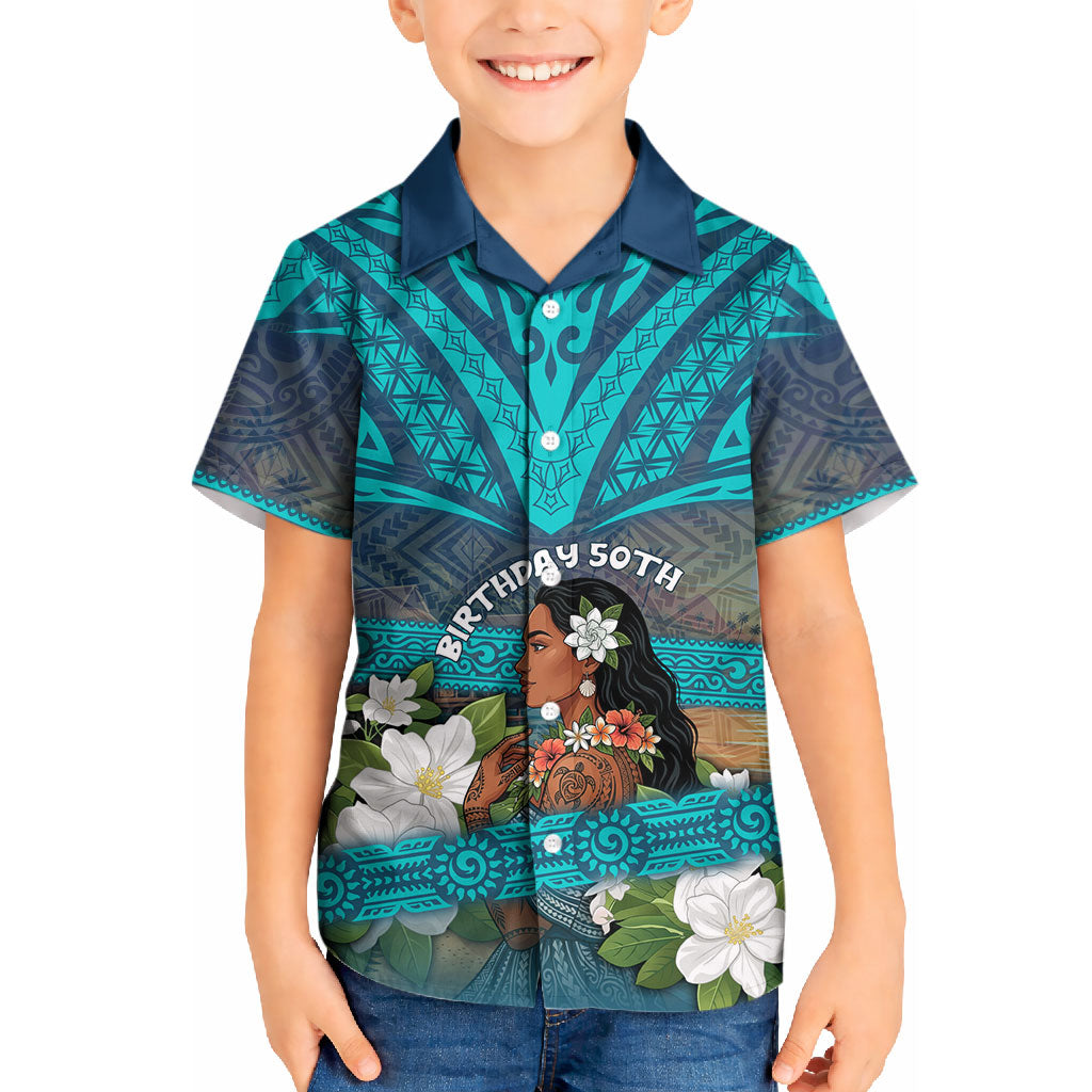 Personalized Polynesian Woman 50th Birthday Kid Hawaiian Shirt Traditional Pacific Tribal Tattoo Floral Art