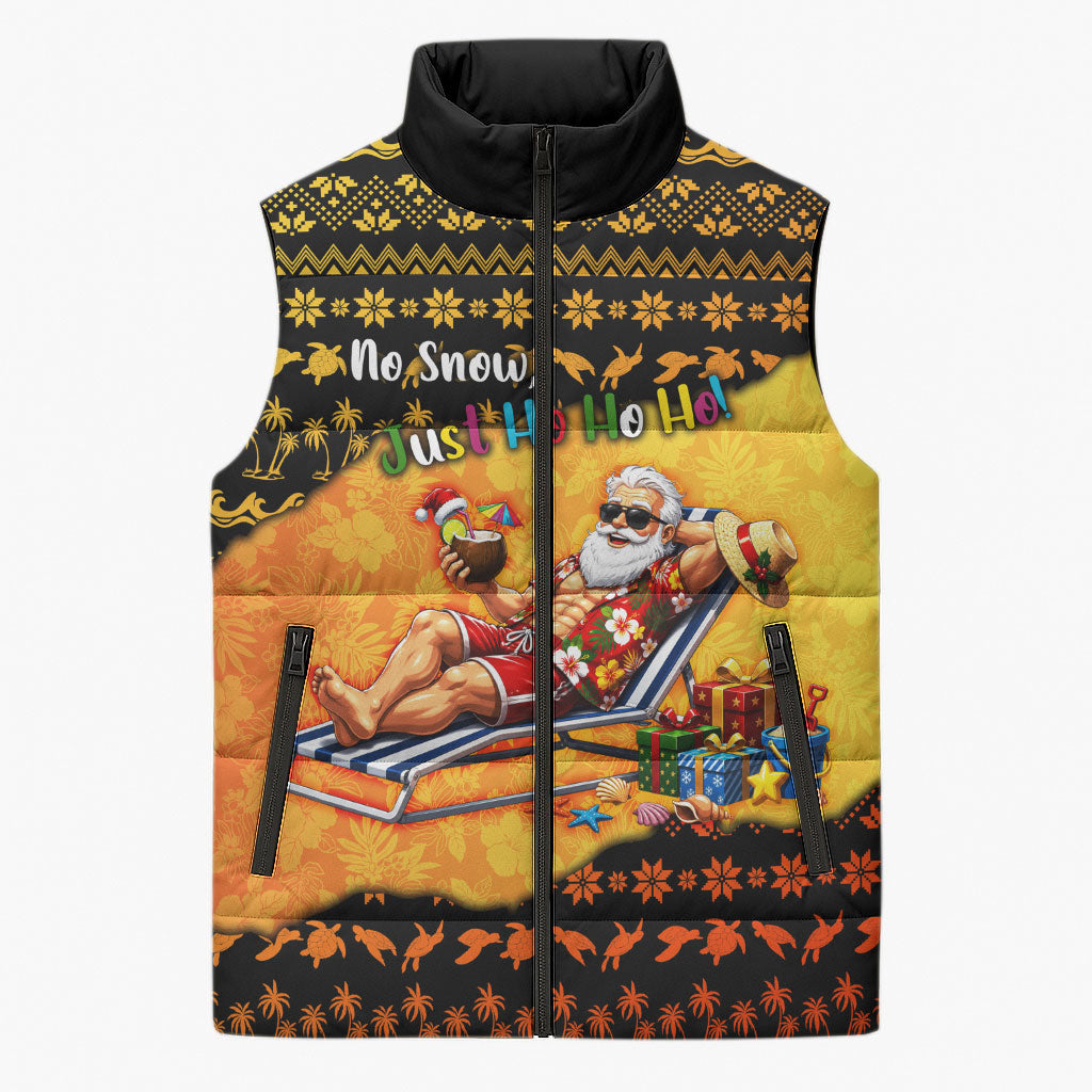 Tropical Christmas In July Santa Claus Sleeveless Puffer Jacket Festive Hawaiian With Beach Reindeer Sleigh TS04 Unisex Orange Black - Polynesian Pride